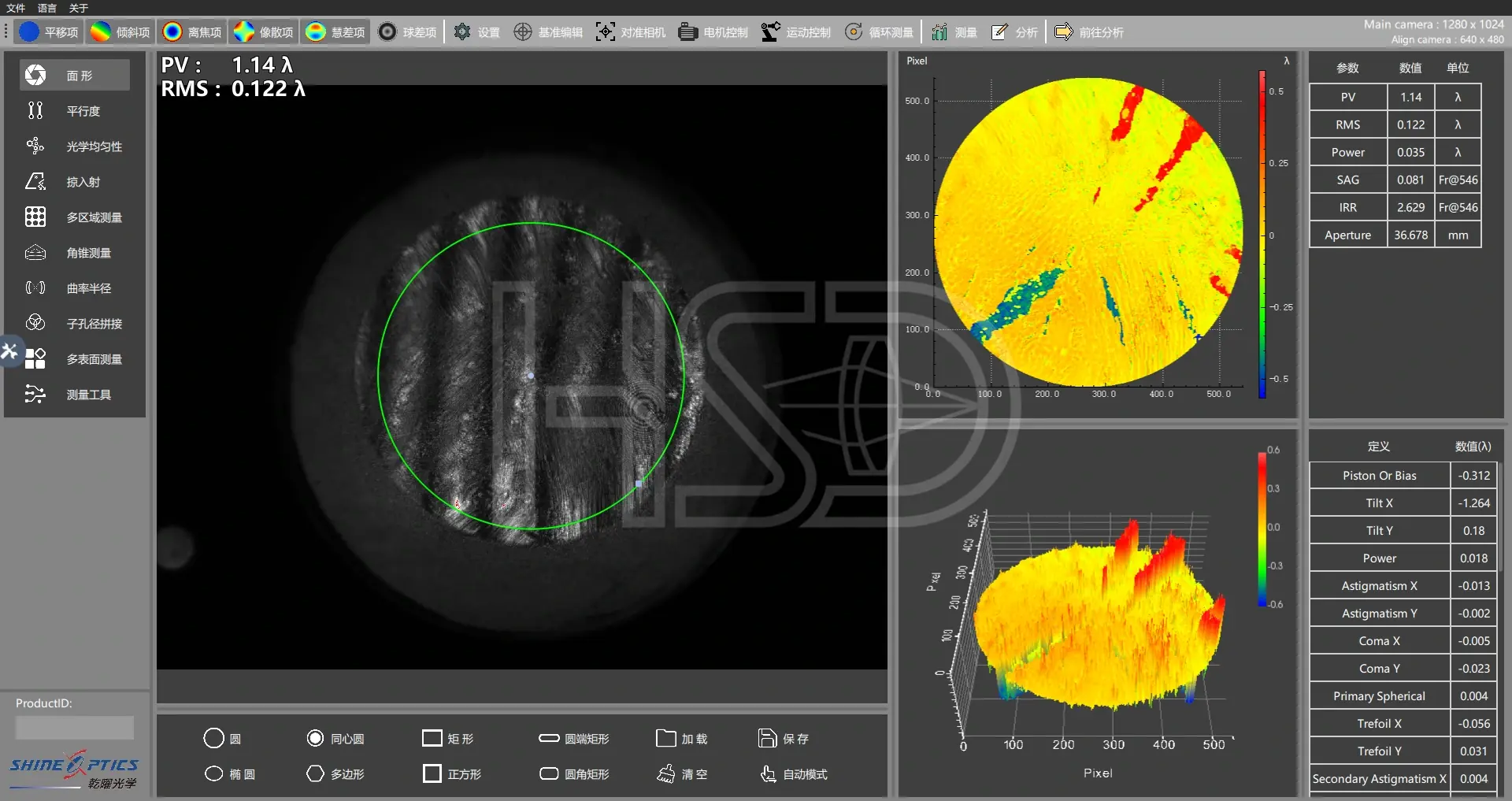 Lens surface map PV 1.14 lambda striation defect diameter 36.68 mm